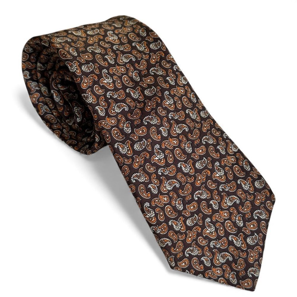 Vintage 80’s Christian Dior Cravates Silk Tie Brown Orange White Paisley Pattern